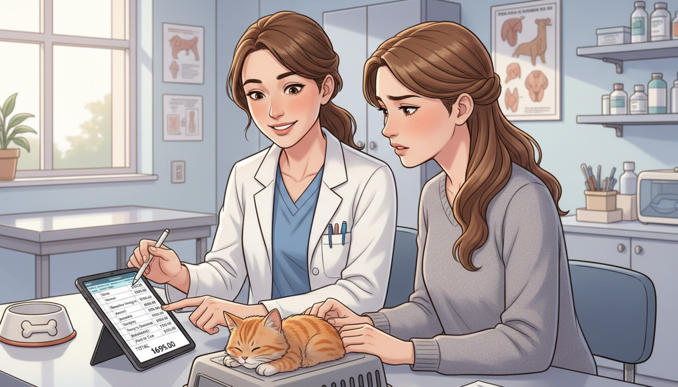 수의사가 보호자에게 반려동물 스케일링 비용 명세서를 자세히 설명하는 모습. 마취 전 검사, 스케일링, 발치 등 항목별 예상 비용에 대해 이야기하고 있습니다.