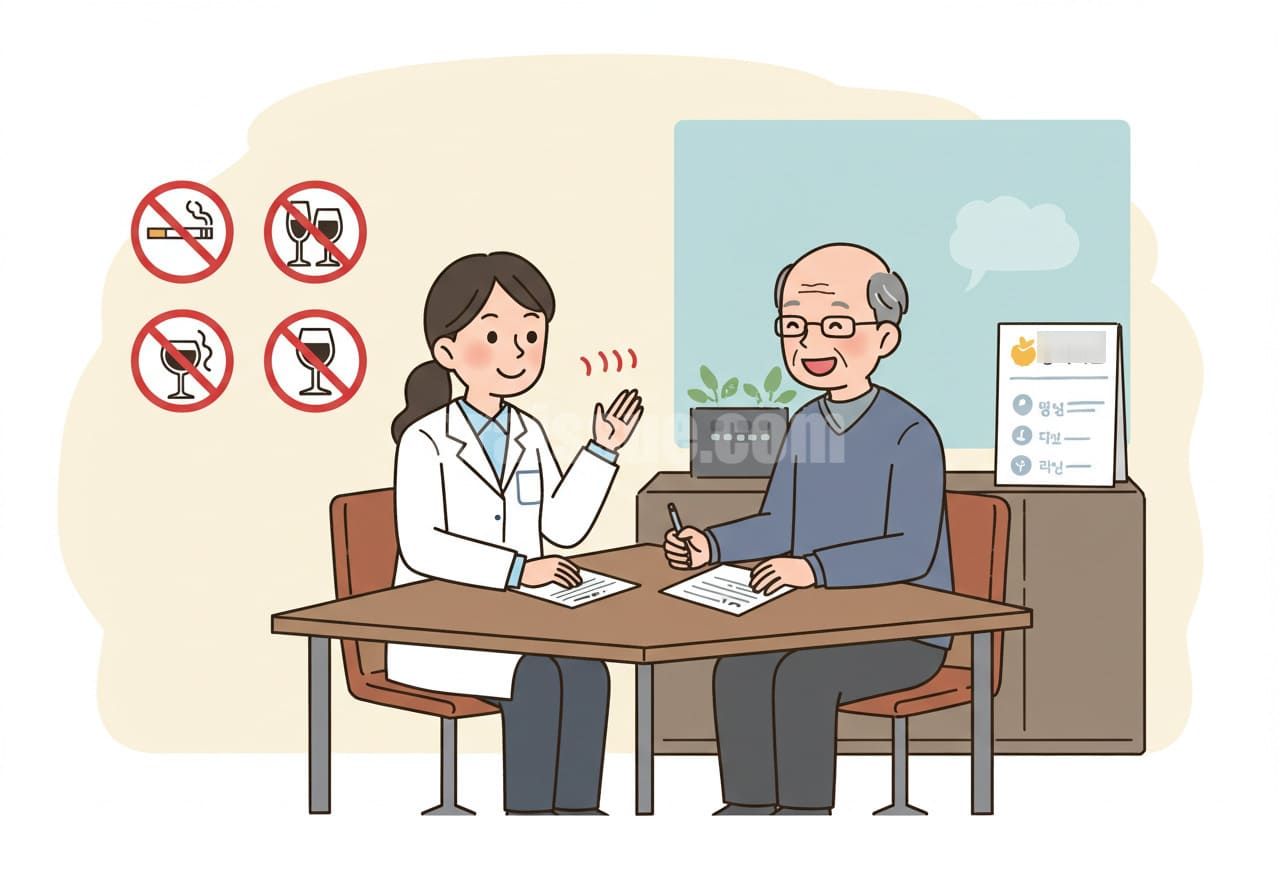 한국 노인이 지역 복지센터에서 담배 금지와 음주 금지 안내를 받는 모습 복지센터에서 의료진과 상담 중