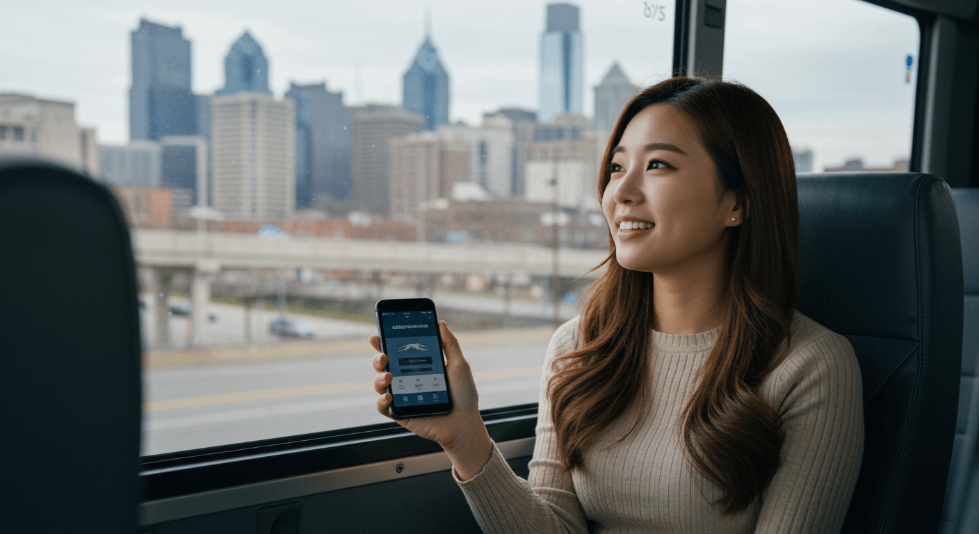 그레이하운드 버스를 타고 이동하는 여행자 사진