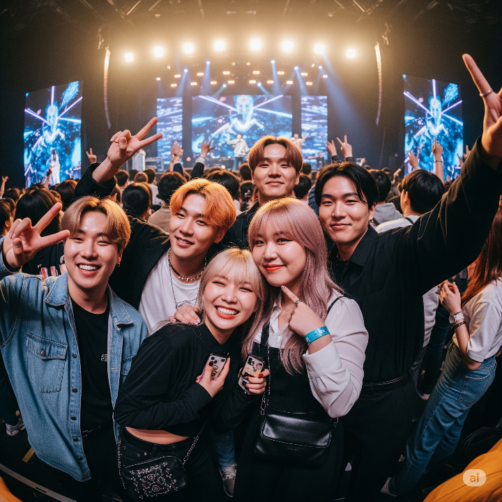 콘서트 또는 전시회에서 즐겁게 웃고 있는 한국 청년들의 모습