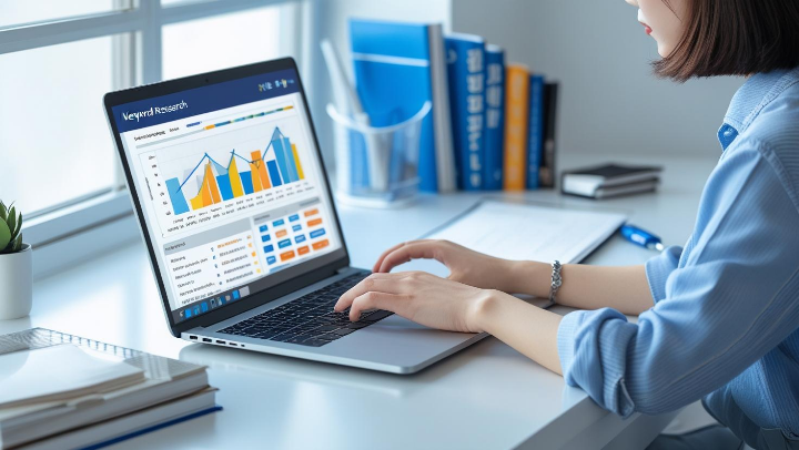 노트북 앞에서 키워드를 연구하고 SEO 최적화된 글을 작성하는 여성 블로거