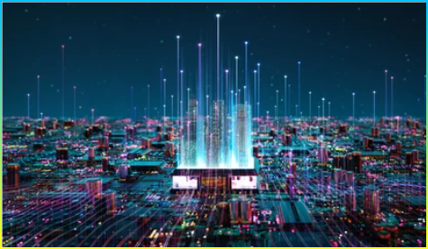 건물이 있는 스마트 칩 프로세서빅 데이터 연결 기술 개념3d 렌더링