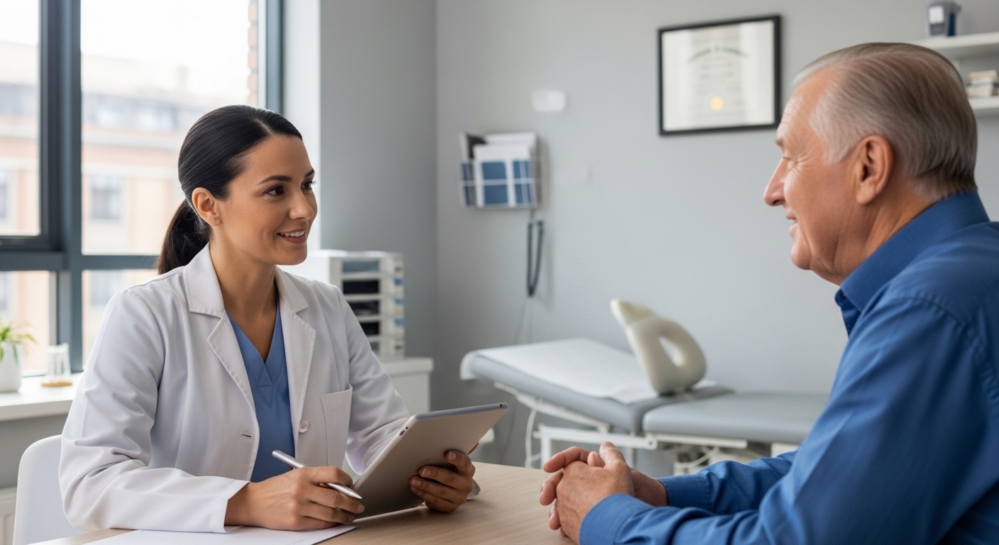 병원에서 의사와 상담하는 60대 환자 모습