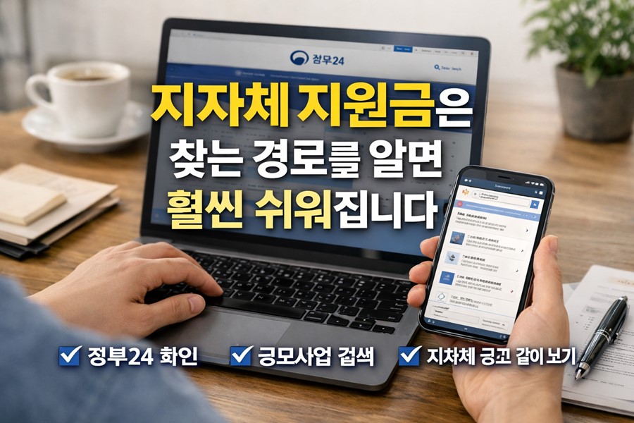 2026 지자체 지원금을 찾기 위해 정부24, 공모사업 포털, 지자체 공식 홈페이지 경로를 한눈에 보여주는 안내 이미지