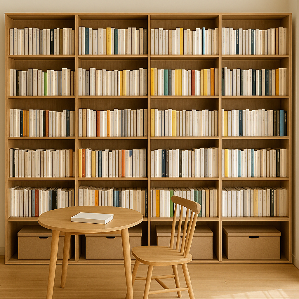 벽 전체를 활용한 오픈형 책장과 작은 테이블이 놓인 북카페 분위기의 거실