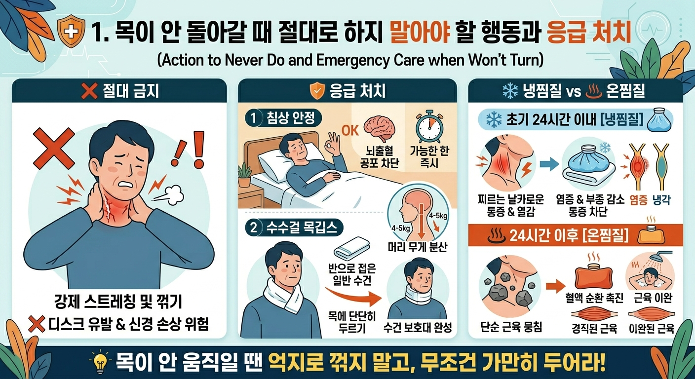 목이 안 돌아갈 때 절대로 하지 말아야 할 행동과 응급 처치