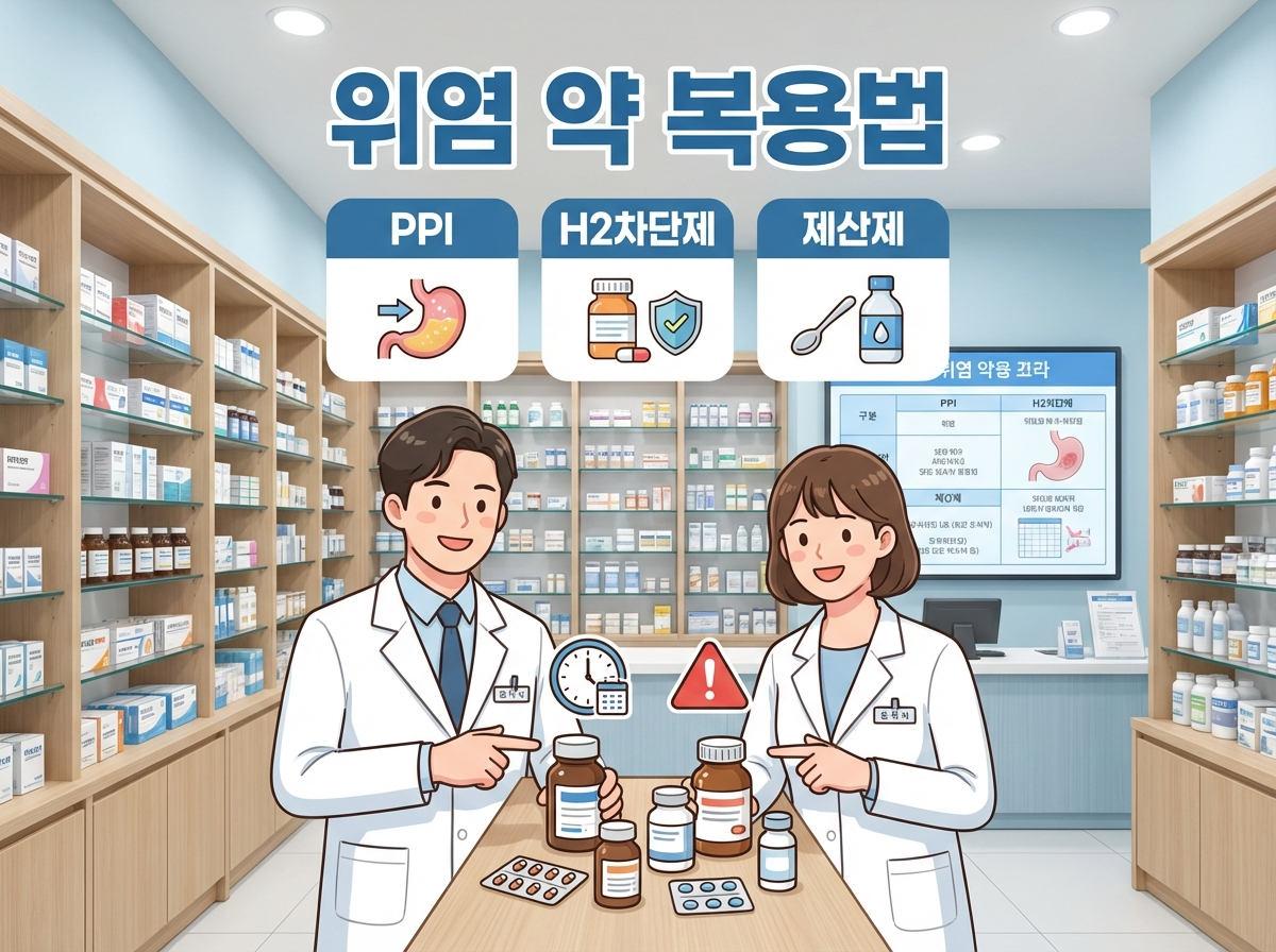 위염 약 복용법을 설명하는 한국 약사 애니메이션 캐릭터가 약국 배경에서 제산제·PPI·H2차단제의 차이와 복용 타이밍을 안내하는 의약 정보 인포그래픽 이미지