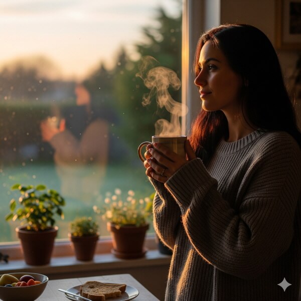 따뜻한 물 컵 들고 있는 아침 장면/gemini