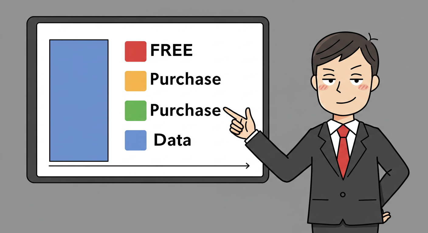 무료 태블릿 뒤에 숨겨진 기업 전략을 설명하는 비즈니스 캐릭터