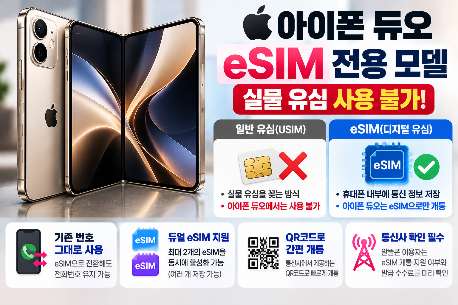 아이폰 듀오 eSIM 전용 모델 실물 유심 사용 불가, 기존 전화번호 유지와 듀얼 eSIM 개통 방법