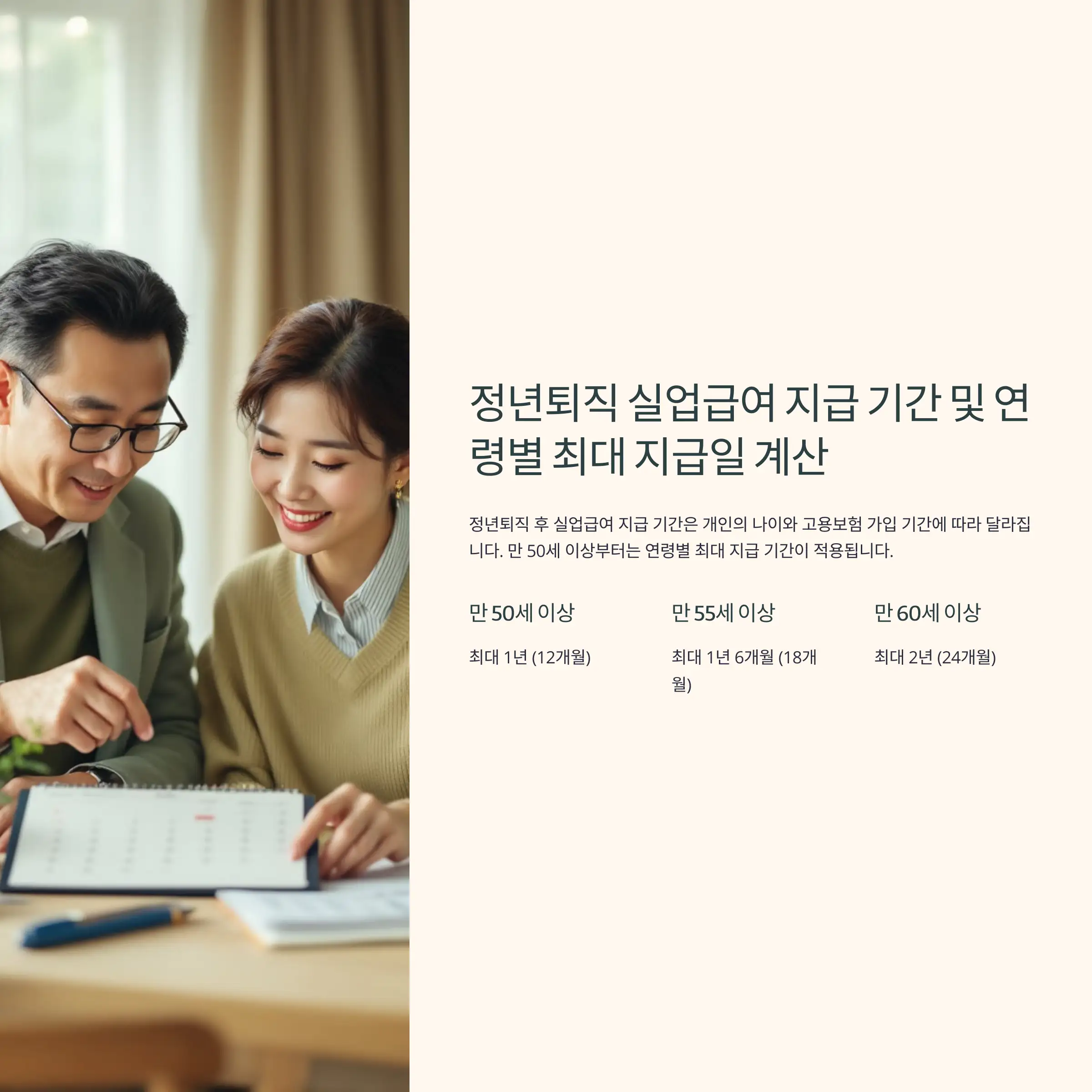 정년퇴직 실업급여 지급 기간 및 연령별 최대 지급일 계산