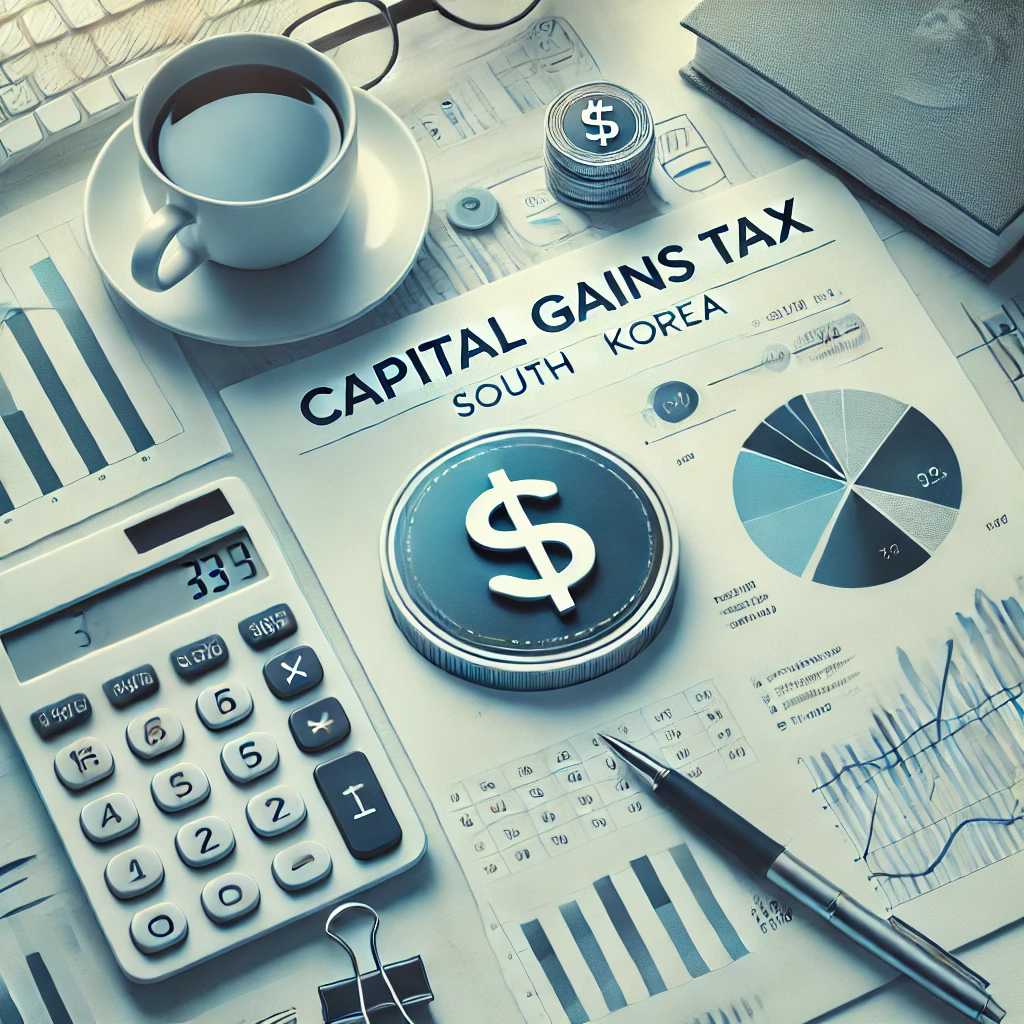 양도소득세 관련 문서와 계산기, 파이 차트가 있는 전문적인 이미지