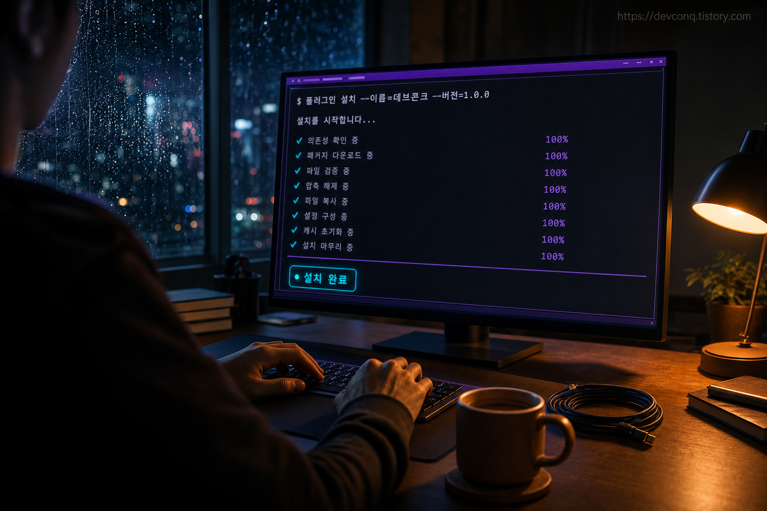 터미널에서 /plugin install 명령을 입력하고 설치 진행 로그가 지나가는 실사형 UI 목업