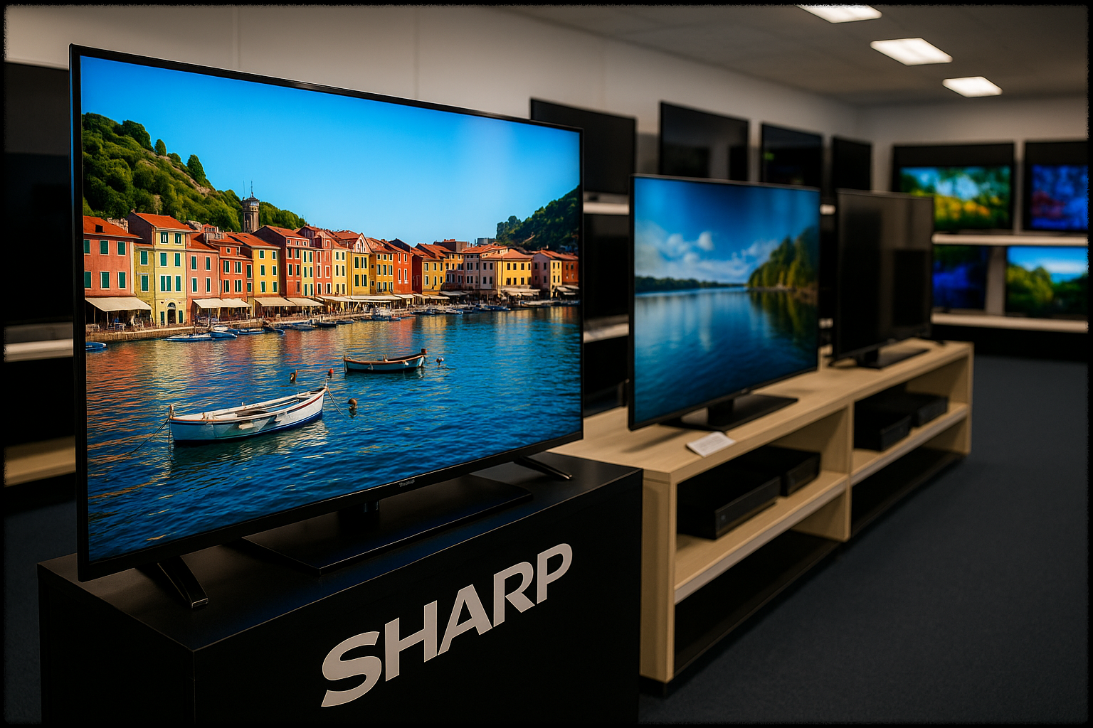 전자제품 매장에서 다양한 TV가 진열되어 있는 모습