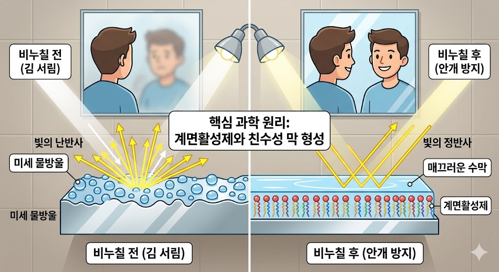 비누칠을 한 쪽과 안 한 쪽의 거울 단면 비교(울퉁불퉁한 물방울 vs 매끄러운 수막)