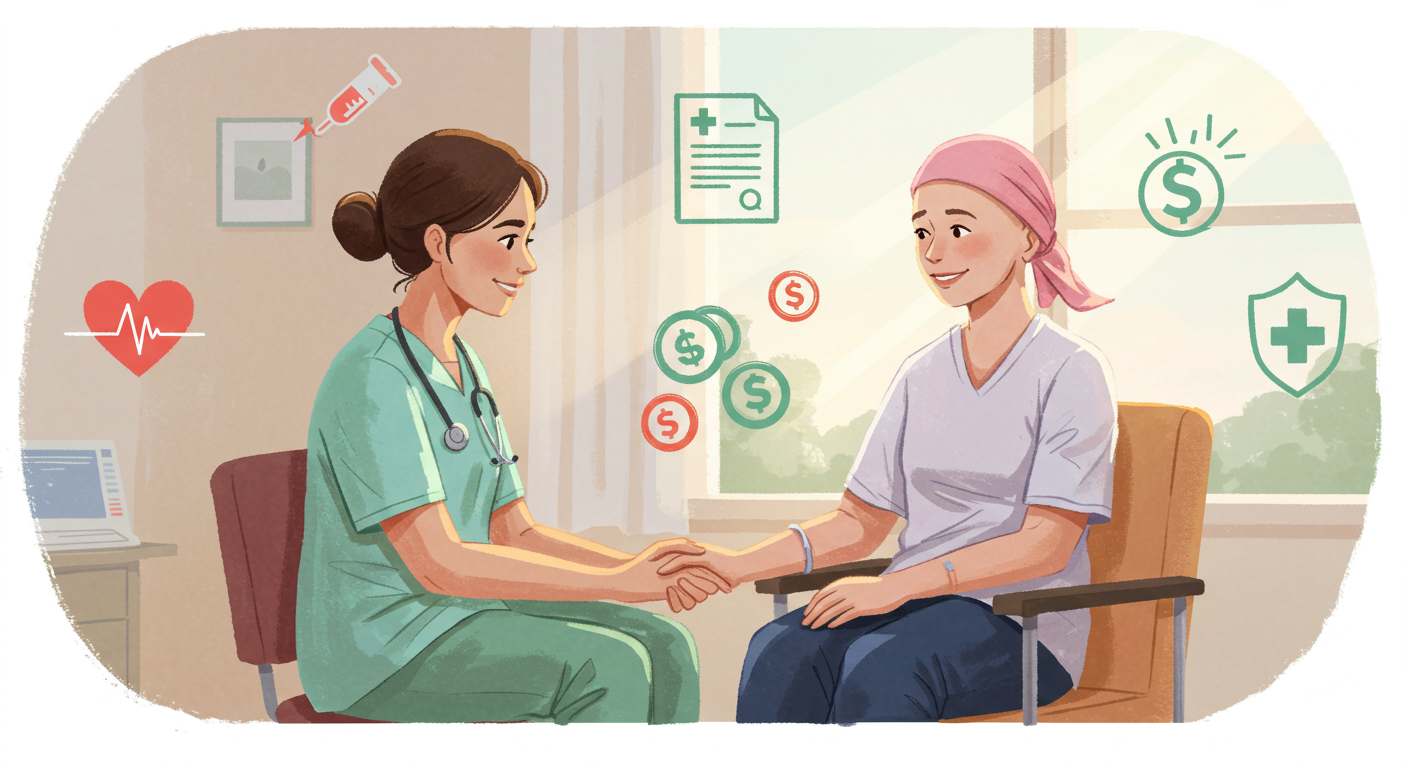 A hopeful, warm-toned illustration of a cancer patient sitting in a hospital consultation room, gently holding hands with a smiling social worker or nurse. Around them are floating abstract icons representing support: a heart, a medical document, a money symbol, and a shield. The setting includes sunlight streaming through the window, symbolizing clarity and financial relief. The characters appear relieved and calm, portraying trust and compassion. The style is semi-realistic with soft brush textures and soothing colors like pastel blue, green, and peach. No text or labels.