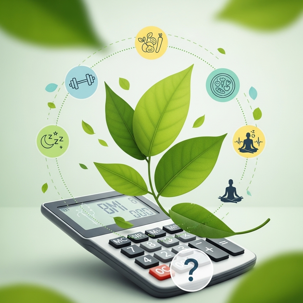 비만도계산기의 한계를 보여주듯 의문을 품은 계산기와 함께 운동, 식단, 수면, 정신 건강 등 다양한 건강 요소를 상징하는 아이콘과 자연이 어우러진 조화로운 이미지.