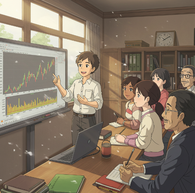 초보에게 초보가 주식 강의를 하는 이미지-구글 제미나이 생성 이미지 '지브리 스타일'