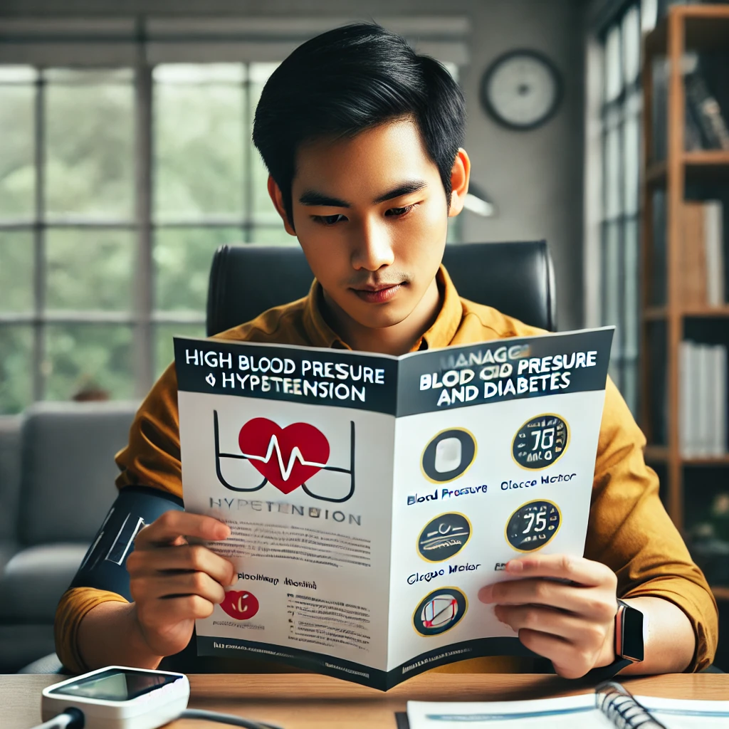 고혈압/당뇨 관리 관련 안내서나 교육 자료를 보는 모습