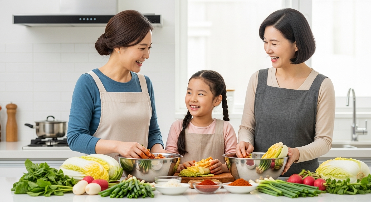 한국인 가족이 현대적인 주방에서 즐겁게 김치를 담그는 모습. 신선한 배추와 다양한 양념 재료가 풍성하게 놓여 있다. 건강하고 활기찬 분위기.