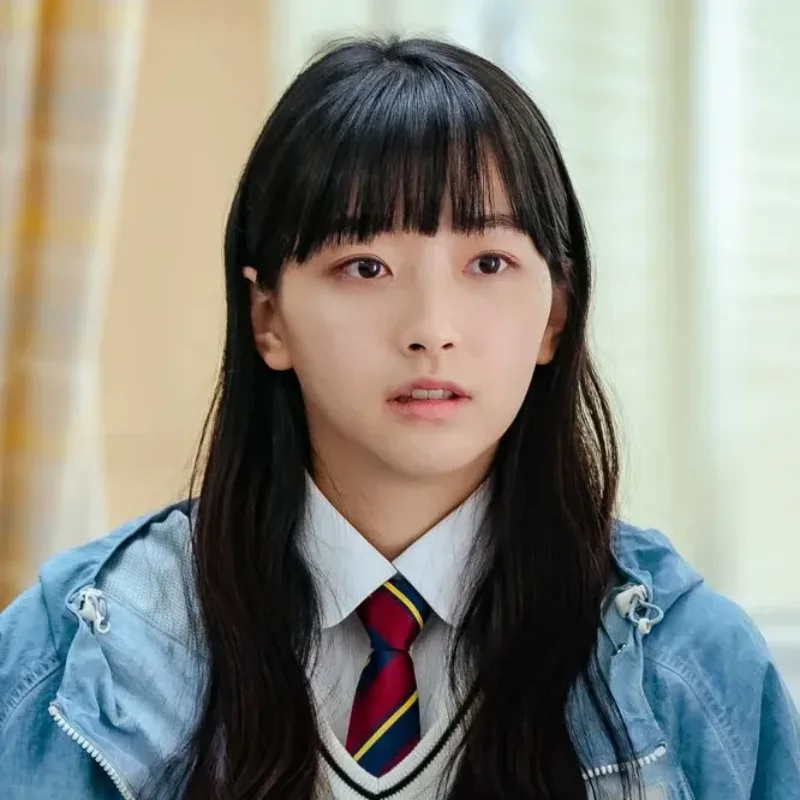 어느 커튼이 있는 실내를 배경으로 교복을 입고 긴머리를 단정히 내리고 있는 국민사형투표의 주민