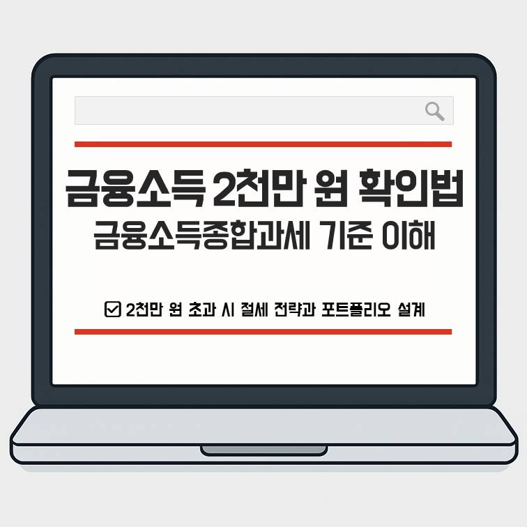 노트북 화면에 '금융소득 2천만 원 확인법, 금융소득종합과세 기준 이해'라는 문구와 '2천만 원 초과 시 절세 전략과 포트폴리오 설계' 안내 문구가 표시된 대표 이미지