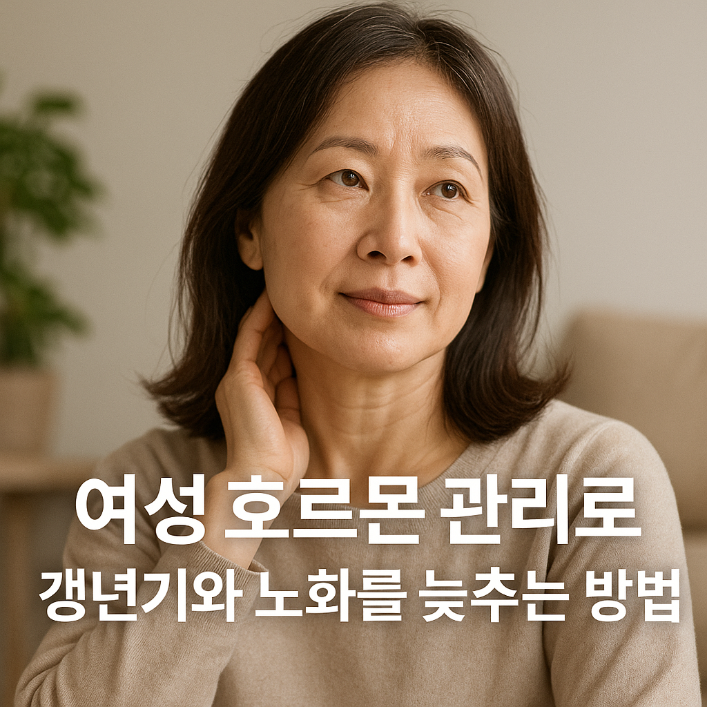 밝은 창가에서 차분한 표정으로 앉아 있는 중년 한국 여성의 실사 사진. 부드러운 자연광 아래 베이지색 니트를 입고 미소 짓고 있으며, 하단에는 &lsquo;여성 호르몬 관리로 갱년기와 노화를 늦추는 방법&rsquo;이라는 문구가 선명하게 표시된 건강&middot;웰빙 관련 이미지