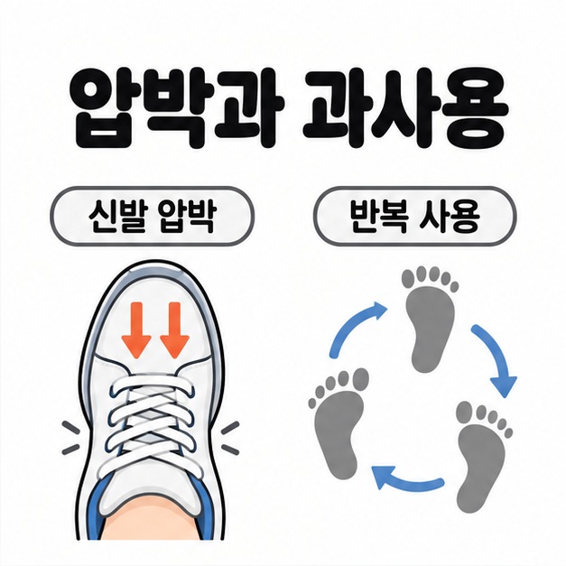 신발 압박을 나타내는 운동화와 아래 방향 화살표, 반복 사용을 나타내는 세 발자국과 순환 화살표를 나란히 배치한 그림