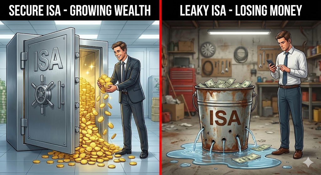 구멍 난 물통(ISA 계좌)에서 물(배당금)이 줄줄 새어나가는 모습과, 이를 모르고 웃고 있는 투자자의 모습 대비