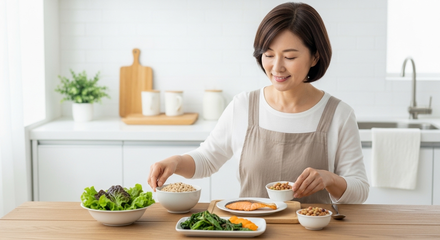 당뇨병에 좋은 식단을 차리는 한국 중년 여성