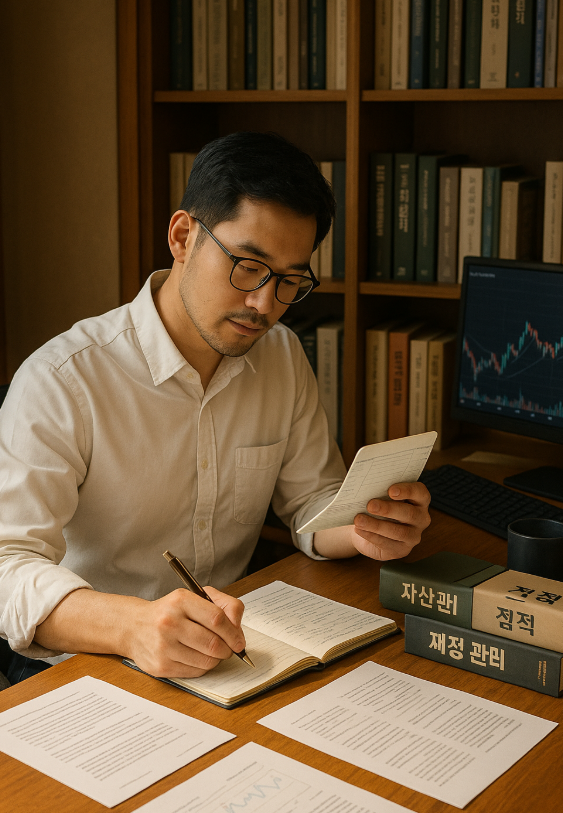 통장을 보며 노트에 정리하는 남성 이미지
