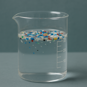 투명 유리 비커에 절반 정도 담긴 깨끗한 물 안에 미세 플라스틱 조각들이 떠 있는 모습.