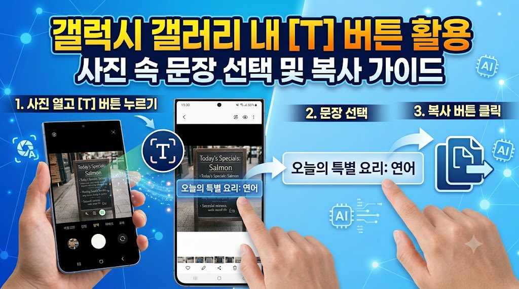 갤럭시 갤러리 앱에서 우측 하단 T 아이콘을 눌러 사진 속 영수증 글자를 블록 지정하는 화면