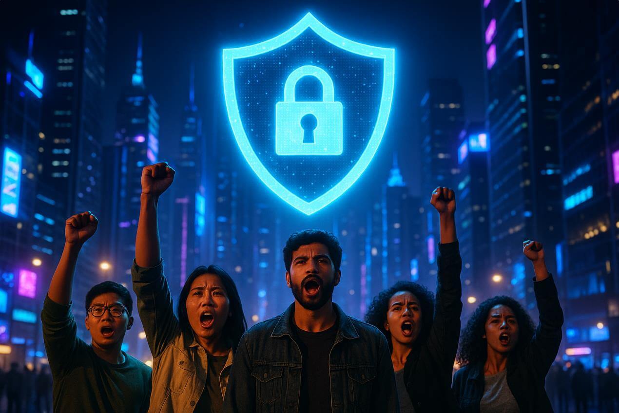 미래 도시 배경 속 청년들이 디지털 권리를 외치는 모습