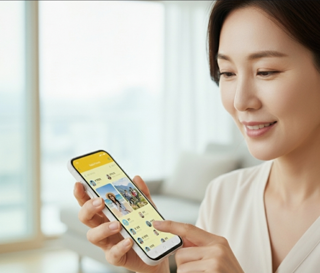 카카오톡 화면을 보면서 멀티프로필을 확인 하는 40대 여성