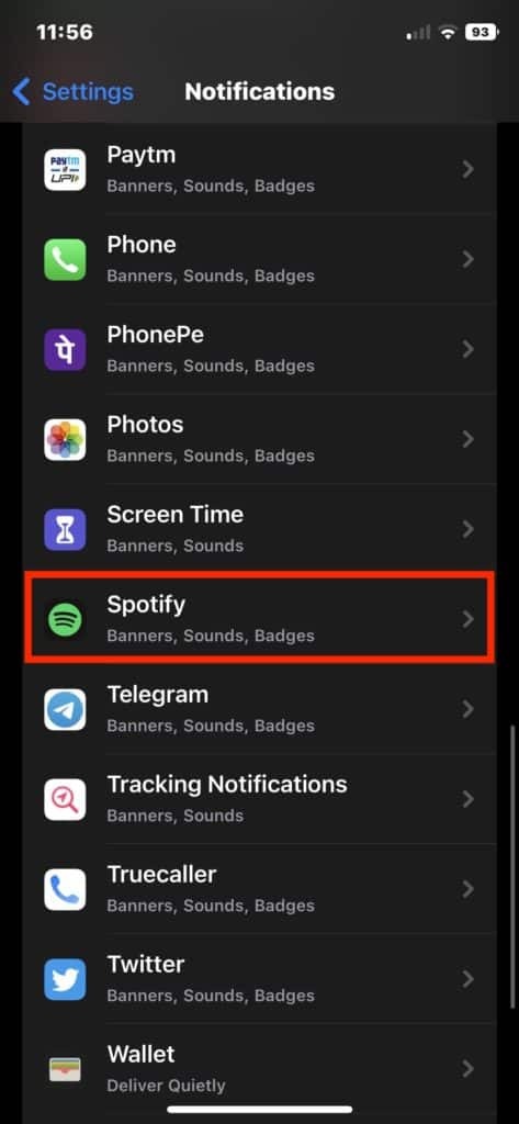 아이폰 세팅 메뉴 내에 스포티파이 앱 설정 모습