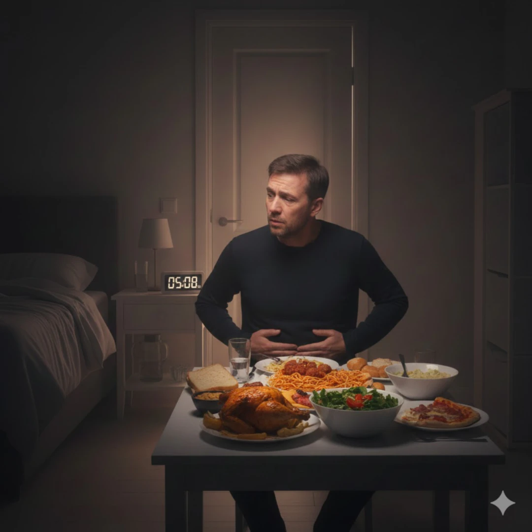 다양한 음식으로 가득 찬 식탁 앞에 앉은 사람이 여전히 허기진 표정으로 접시를 응시하고 있거나&amp;#44; 한 손으로 배를 문지르며 고개를 갸웃거리는 모습입니다. 