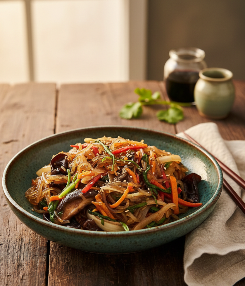 나무 식탁 위 청록색 도자기 그릇에 정갈하게 담긴 한국 전통 음식 잡채