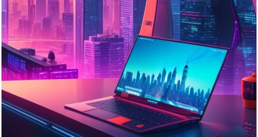 열려진 노트북 모니터에 초고층 빌딩숲의 모습이 보이고 있다