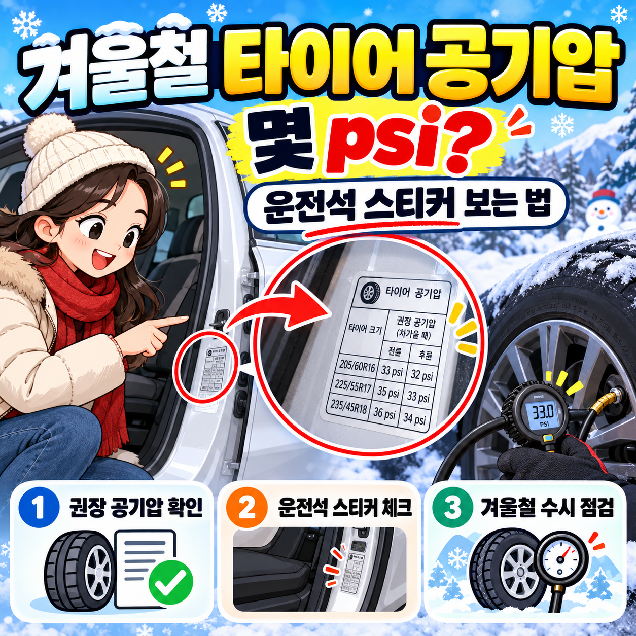 겨울철 타이어 공기압 몇 psi? 운전석 스티커 보는 법