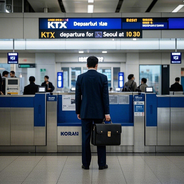 KTX 역사 내부에서 코레일 매표소에서 승차권을 확인하는 직장인의 모습2