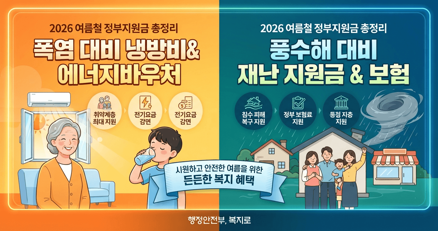 2026년 여름철 정부지원금 총정리: 폭염 대비 냉방비 에너지바우처 및 풍수해 재난 지원금 안내 이미지