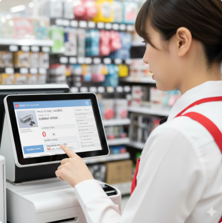 다이소 매장 직원이 POS 기기를 통해 재고를 확인하는 모습