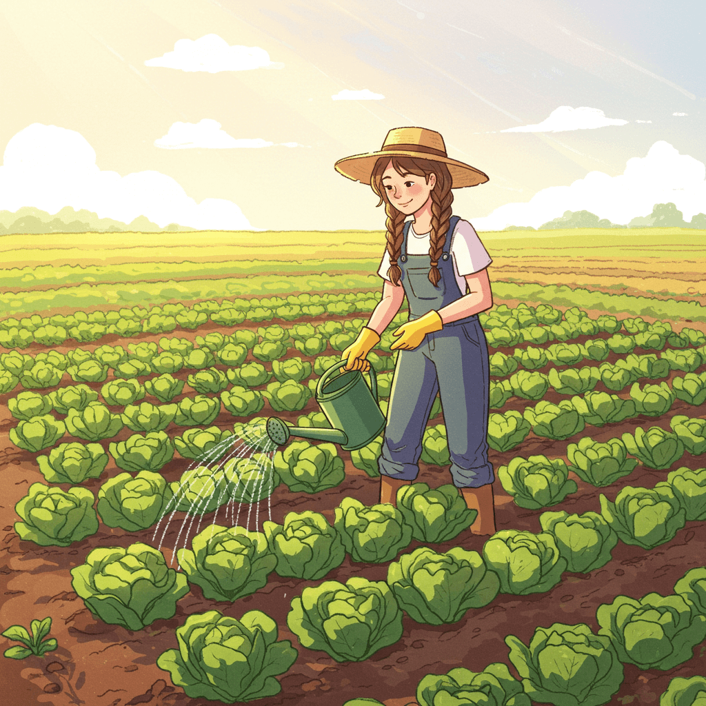 여름 텃밭 작물 중인 여자