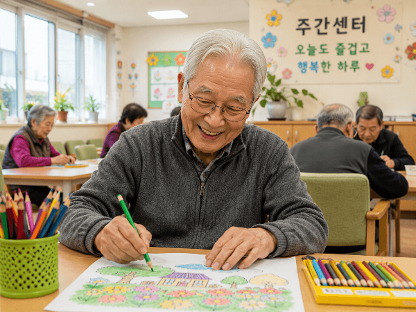 주간보호센터에 오시는걸 즐거워 하시는 어르신 이미지