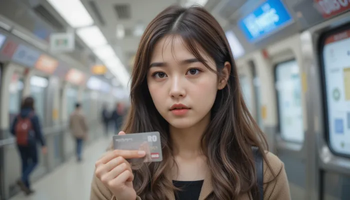 하이패스 카드를 손에 들고 잔액을 확인하는 여성