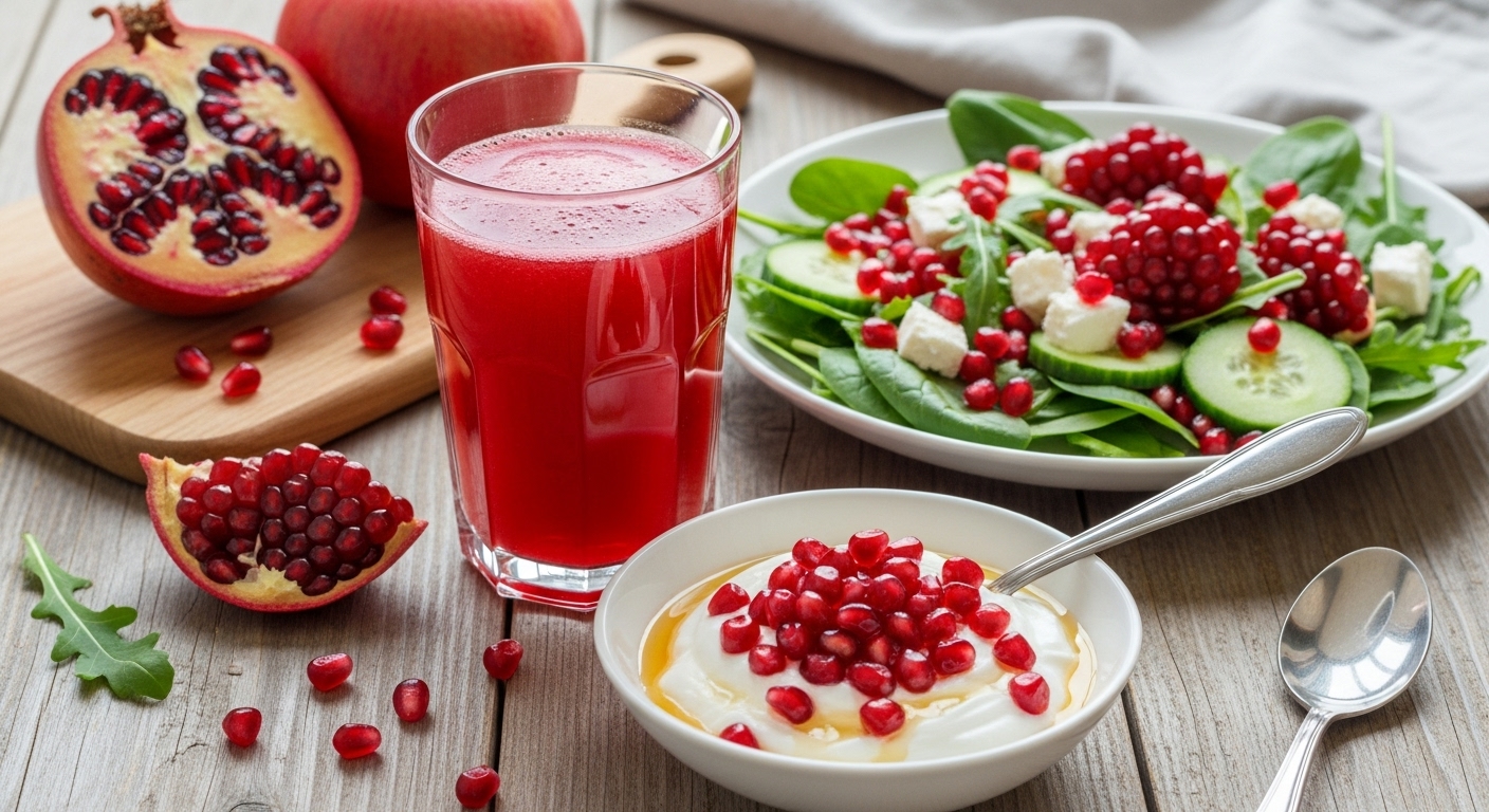신선한 석류 주스, 석류 요거트, 석류 샐러드 등 석류를 활용한 다양한 요리들이 먹음직스럽게 차려진 모습