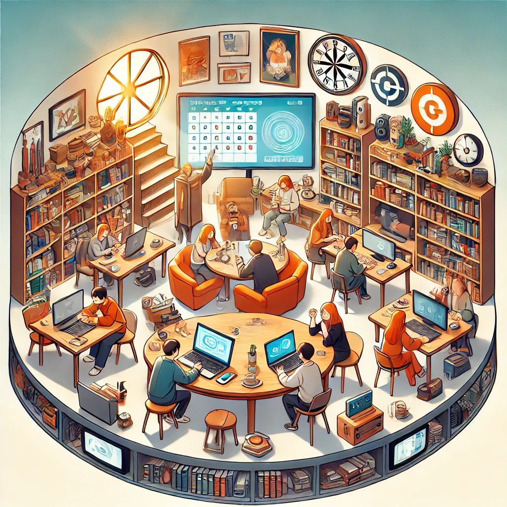 도서관에서 자료를 검색하고 있는 사람들