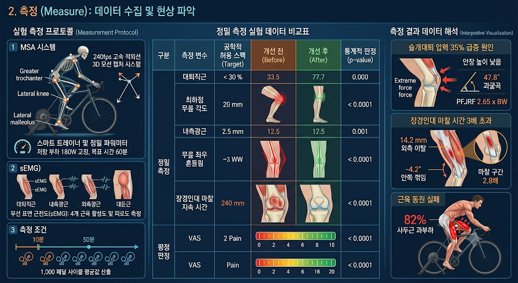 6시그마 DMAIC 기반 사이클 피팅 측정 단계 인포그래픽: 3D 모션 캡처 및 sEMG 근전도 측정 프로토콜, 무릎 각도·좌우 흔들림·PFJRF 관절 반발력·근활성도 개선 전후 정밀 데이터 비교표, 슬개대퇴 통증 및 장경인대 마찰 원인 생체역학 분석 시각화 자료.