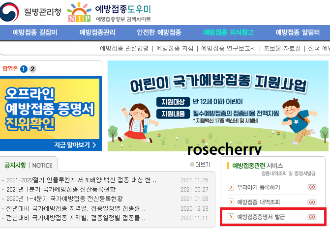 예방접종증명서-발급화면